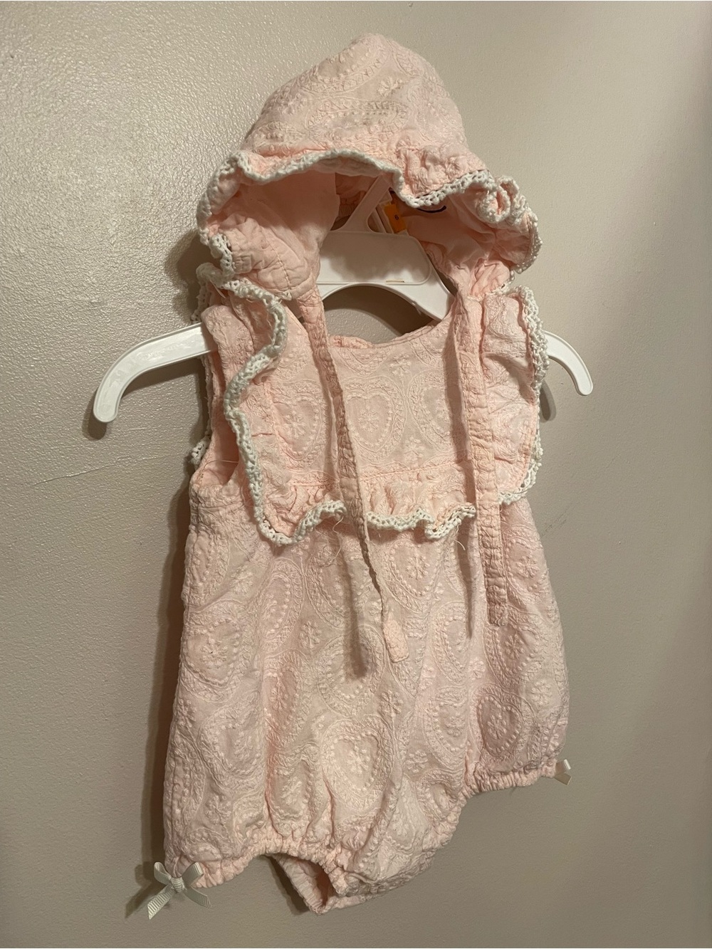 100% Cotton Pink Baby Romper with Ruffle Trim and matching bonnet